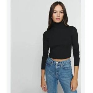 Reformation Davy Cropped Ribbed Turtleneck Tee in Black Size Large